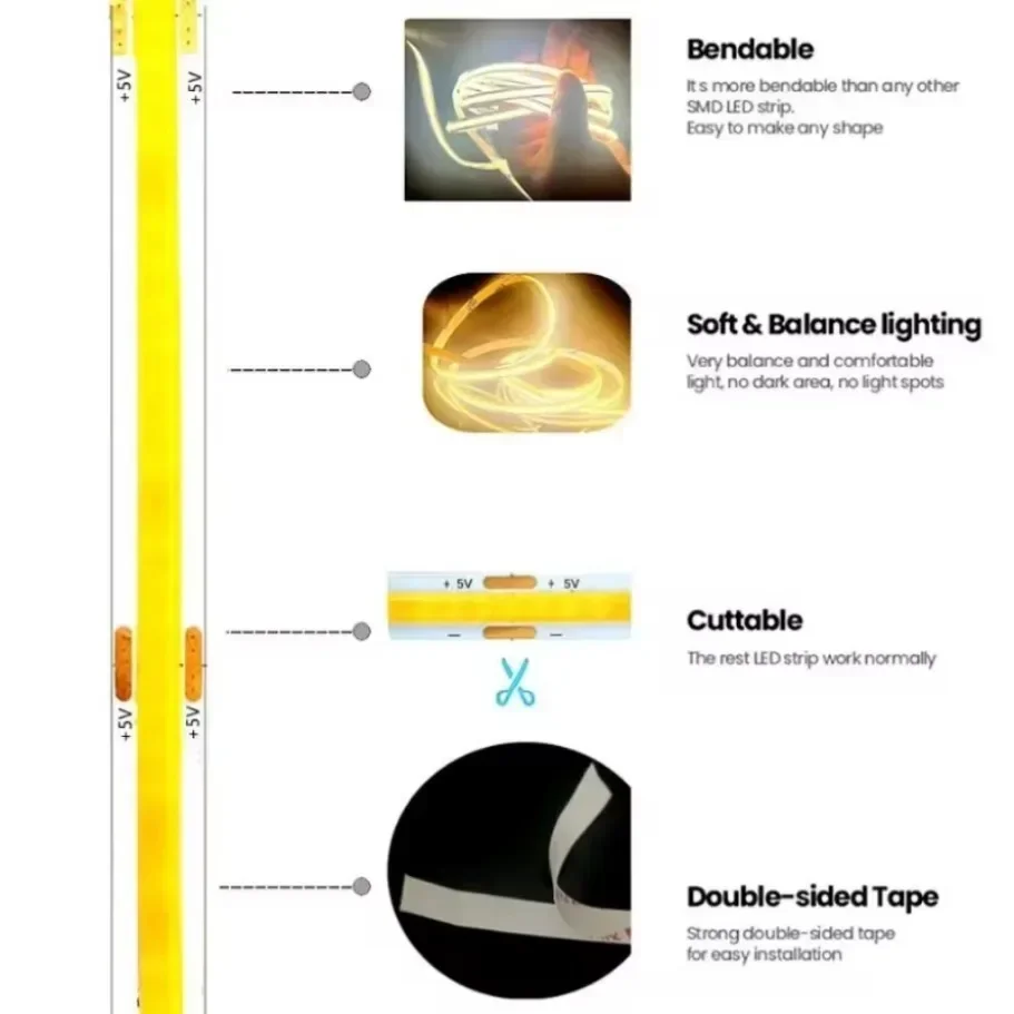 Striscia luminosa a LED COB DC5V con alimentatore USB Luce 320LED/m Lampada LED flessibile ad alta densità 3000K/4500K/6500K Striscia luminosa COB