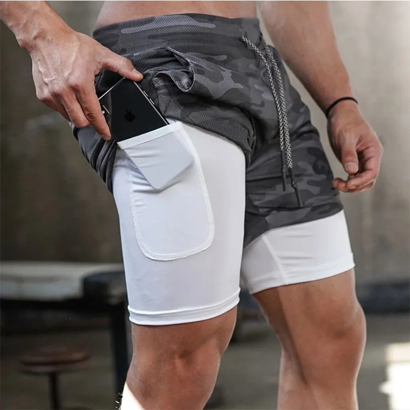 Pantalones cortos para correr de camuflaje, pantalones cortos deportivos de gimnasio para hombre 2 en 1, entrenamiento de ejercicio de secado rápido, pantalones cortos para correr y fitness para deportes al aire libre