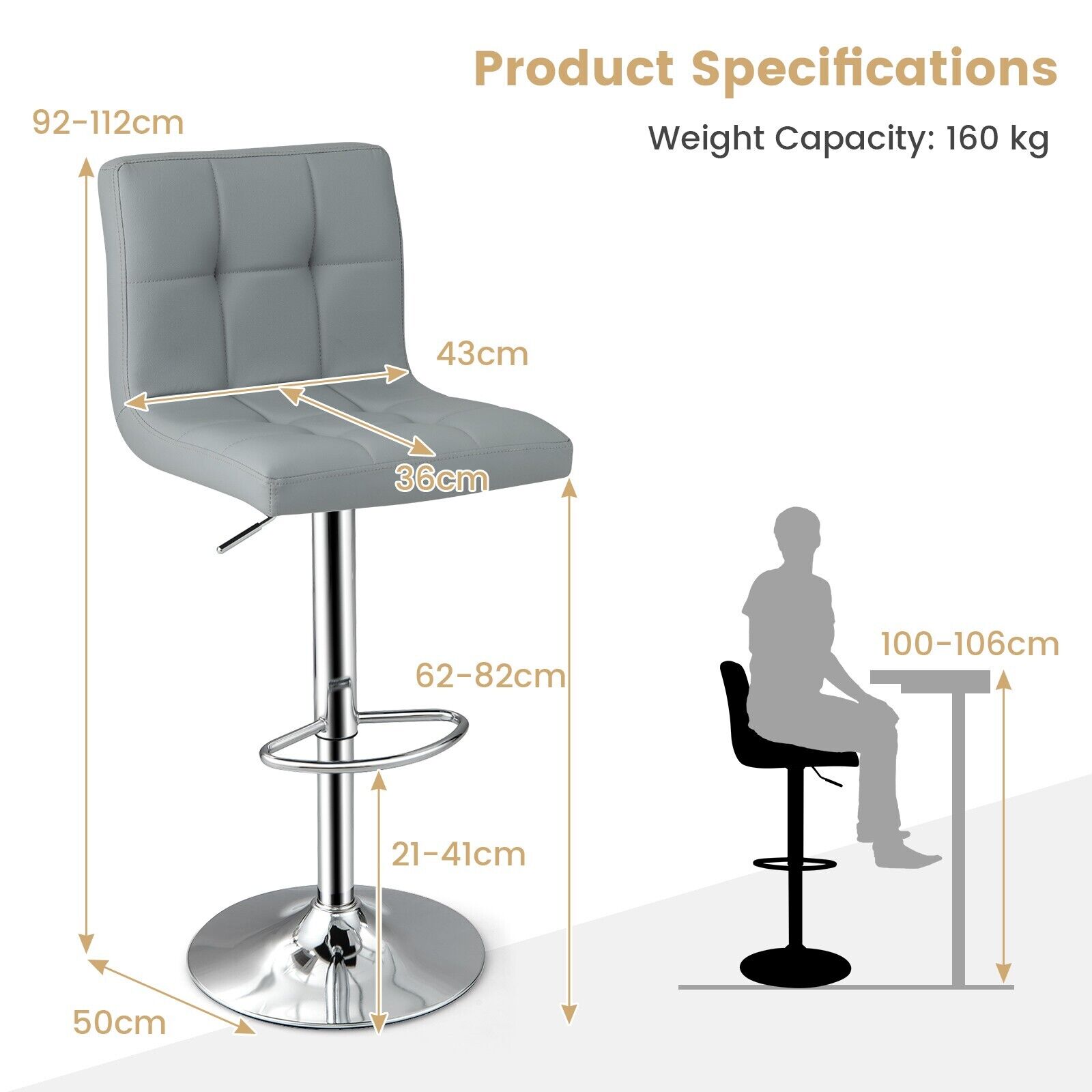 GOFLAME Set of 2 Bar Stool PU Leather Counter Height Chair 360° Swivel Adjustable Height