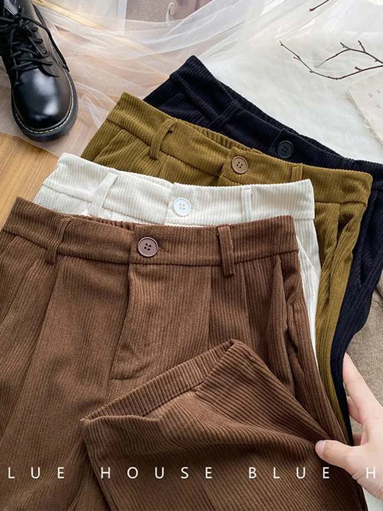 Pantalones Vintage de pana de cintura alta para mujer, pantalones rectos informales de longitud completa, moda coreana, pantalones negros que combinan con todo, primavera y otoño