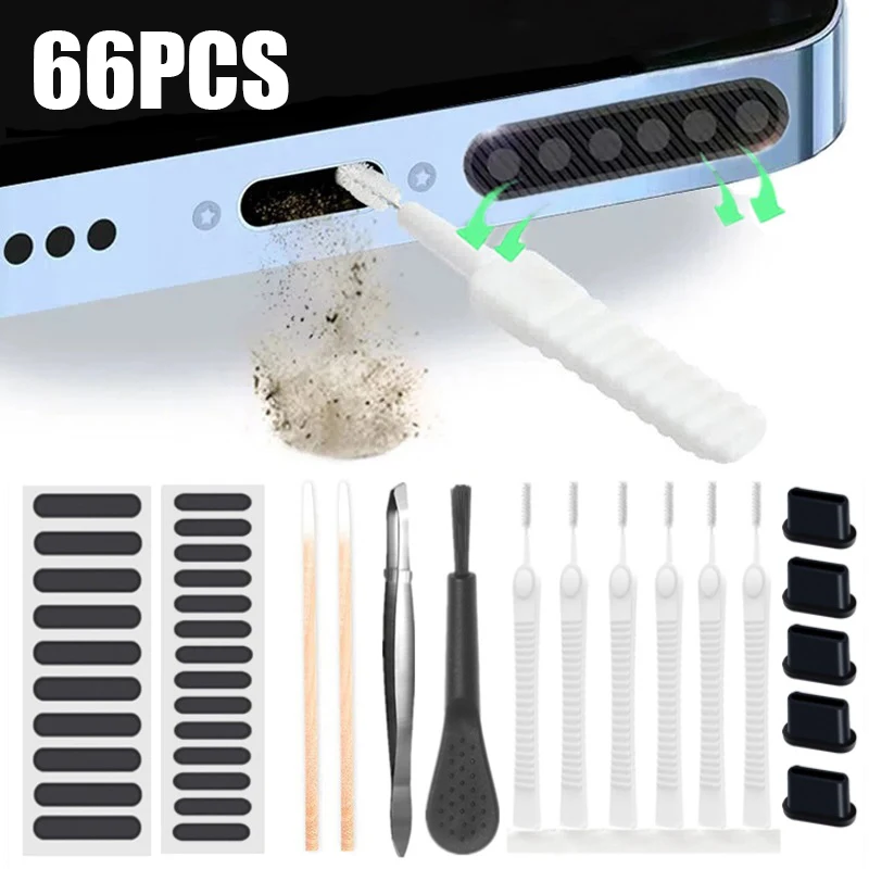 66PCS Kit di strumenti per la pulizia della rimozione della polvere dell'altoparlante del telefono cellulare per iPhone Samsung Xiaomi Porta di ricarica degli auricolari Spazzola per la pulizia antipolvere