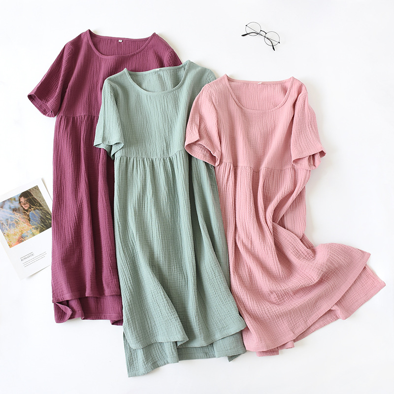 Sommer-Sleepshirts, bequem, einfarbig, Baumwollgaze, langer Rock, Zuhause, Nachthemden, Damen-Nachthemd mit Rundhalsausschnitt, dünner Abschnitt