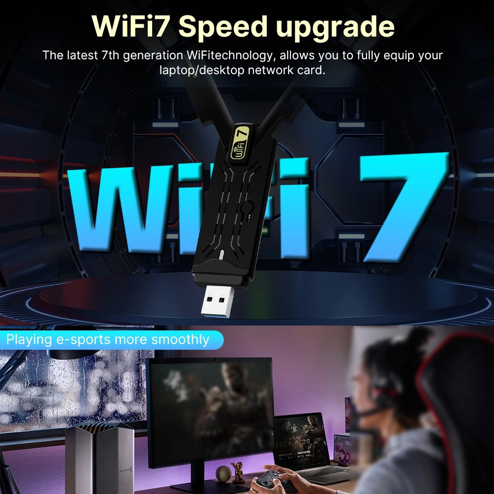 USB 3.0 WiFi 7 Adapter 6500Mbps Wireless Network Card 2.4G&5G&6G Tri Band Wi-Fi Receiver WiFi Ethernet Adapter For Win10/11