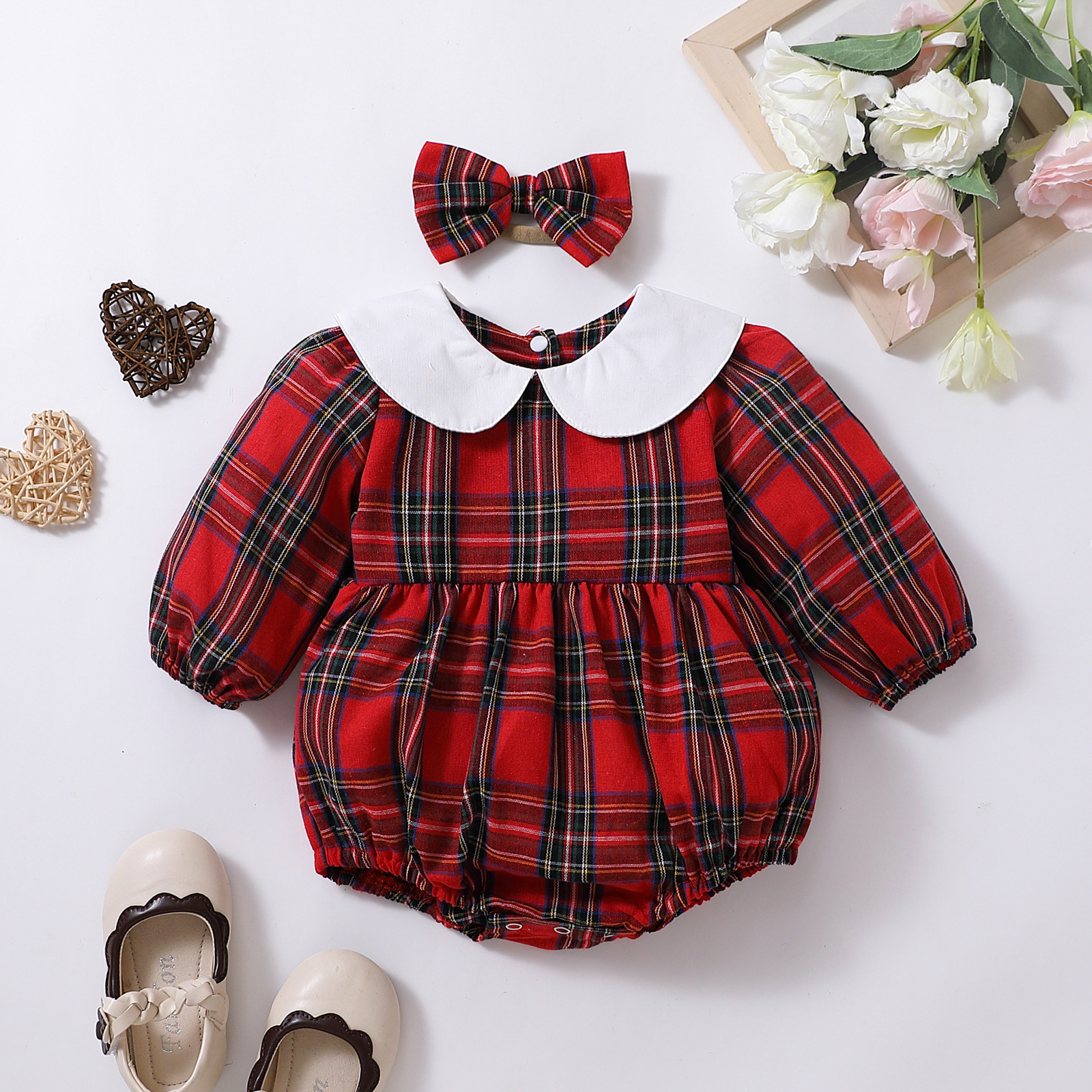 Autunno e inverno neonato neonata vestiti per bambini tuta pagliaccetto a maniche lunghe con risvolto scozzese rosso