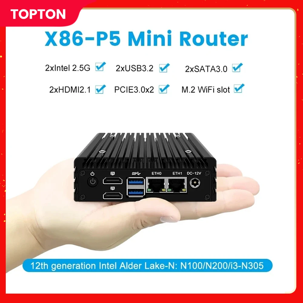 Topton P5 12th Gen Micro Firewall Computer Intel i3 N355 N305 N150 N100 DDR5 2xi226-V 2.5G LAN Fanless Mini PC Proxmox Server
