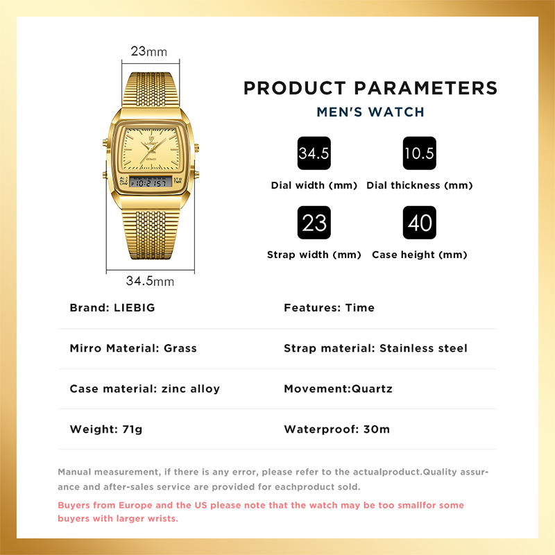 新しいファッションカジュアル腕時計メンズデジタルデュアルタイム週ゴールドスポーツ 3bar 防水クォーツ腕時計時計レロジオ masculino L1030