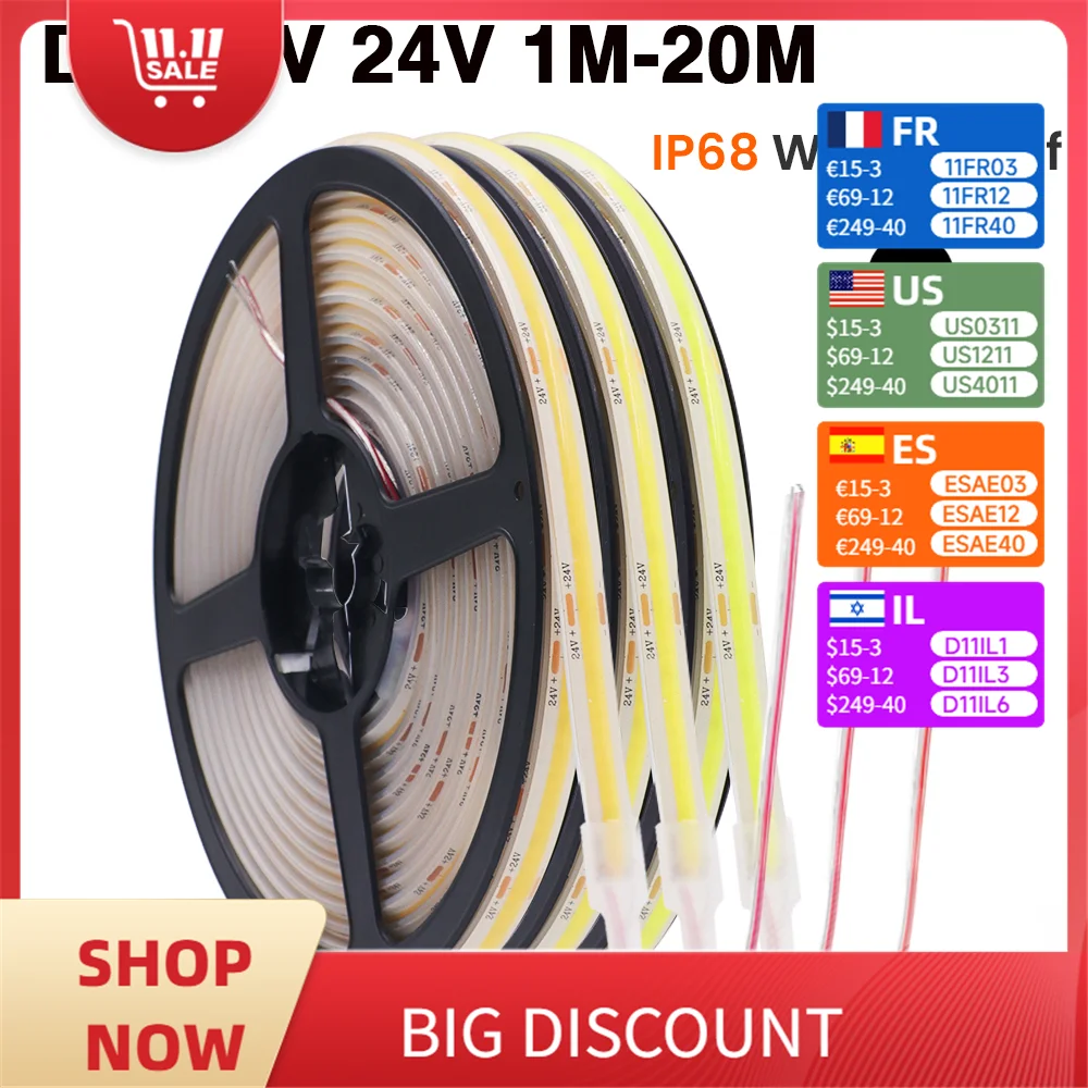 IP68 Waterproof COB Strip 12V 24V 320Leds/M RA90 3000K 4000K 6000K Home Garden Decor Flexible Ribbon Rope LED Light 1M 10M 20M