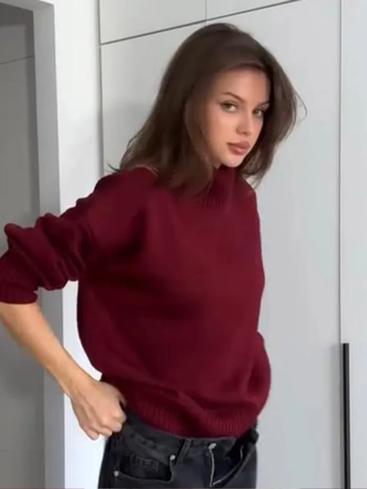 RetroสีทึบคอWarm Lady Pullover Elegantแขนยาวสบายๆ 2024 ใหม่ผู้หญิงฤดูใบไม้ร่วงเสื้อกันหนาว