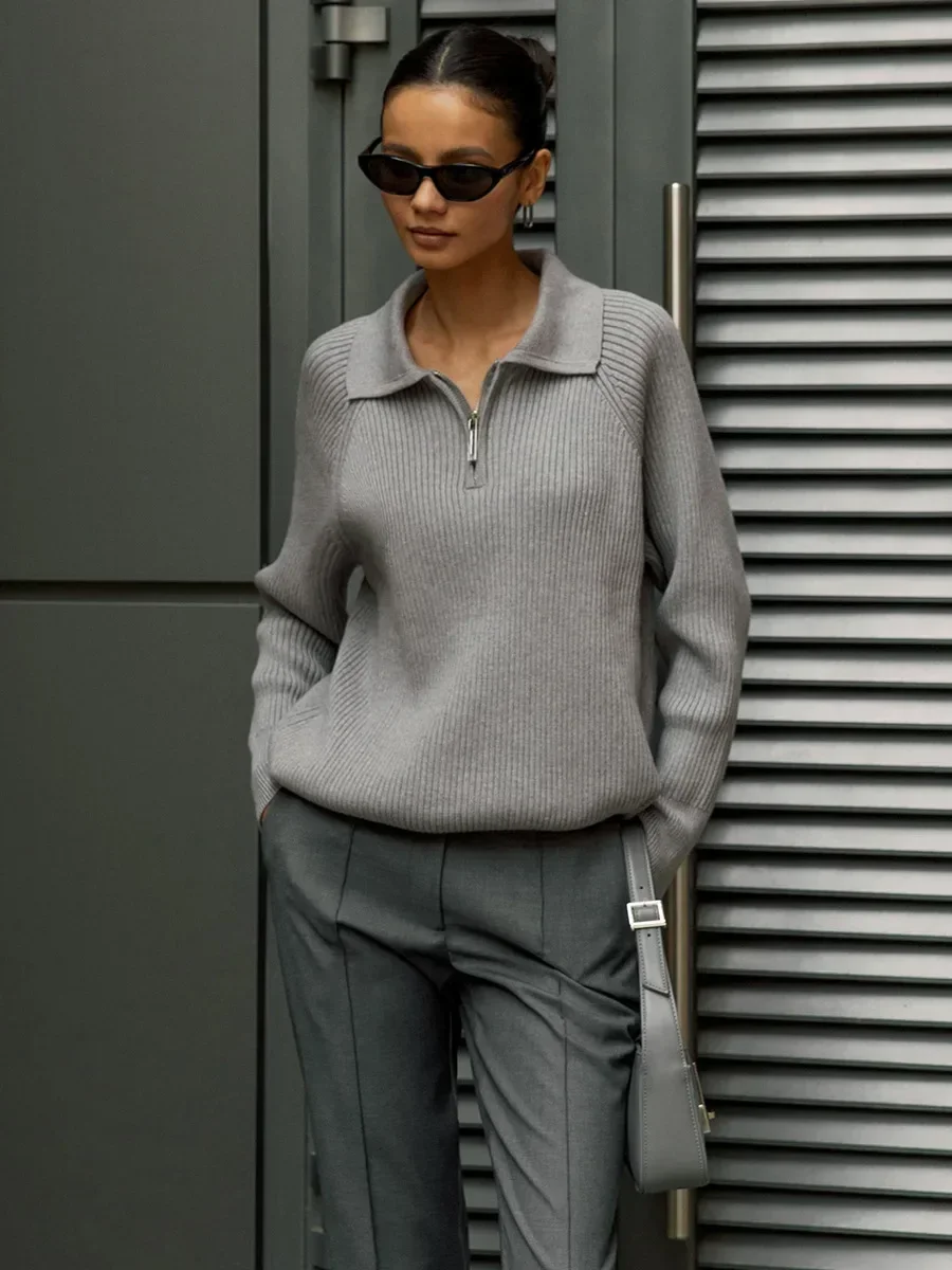 Wolfeel Otoño Invierno Simple Casual Polo cuello tejido Jersey Sweate Oficina señora moda Top cálido mujeres tejidas mangas largas