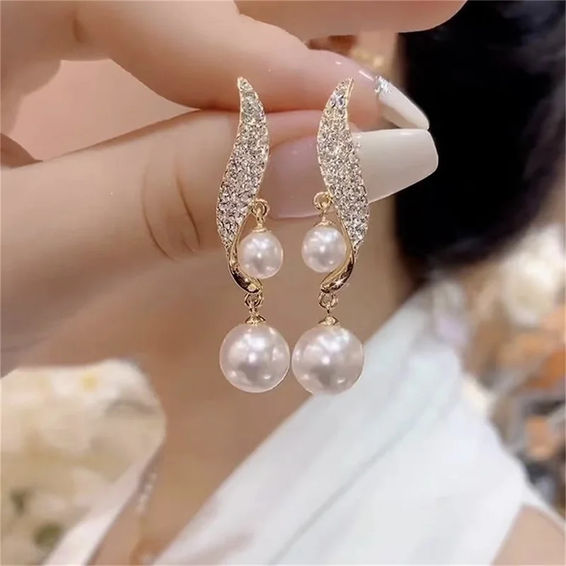 Pendientes colgantes de doble perla de imitación para mujer, aretes clásicos y elegantes con borla larga de cristal, regalos de joyería para boda 2023