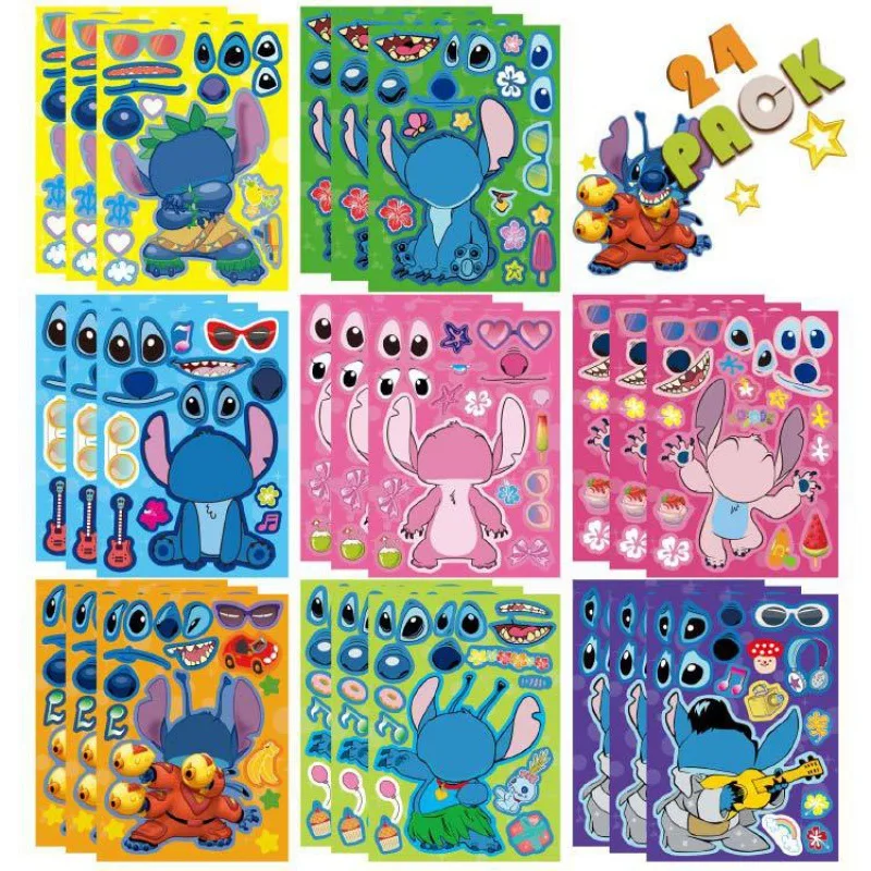 8/16/24 fogli Kawaii Disney Stitch Crea un viso adesivi Puzzle Cartoon Decal Fai da te Crea il tuo adesivo puzzle assemblato