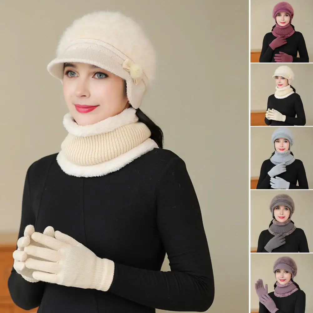 3 pçs/set feminino inverno gorro cachecol luvas conjunto grosso malha boné luvas elástico à prova de vento inverno cúpula chapéu pescoço envoltório conjunto