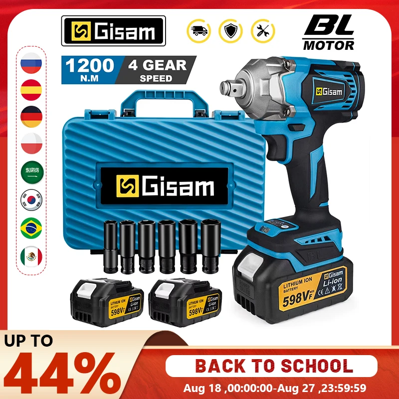 Gisam 1200N.M Torque Brushless Electric Impact Wrench 1/2 inch Cordless Wrench Screwdriver Power Tool For Makita 18V Battery Pin
