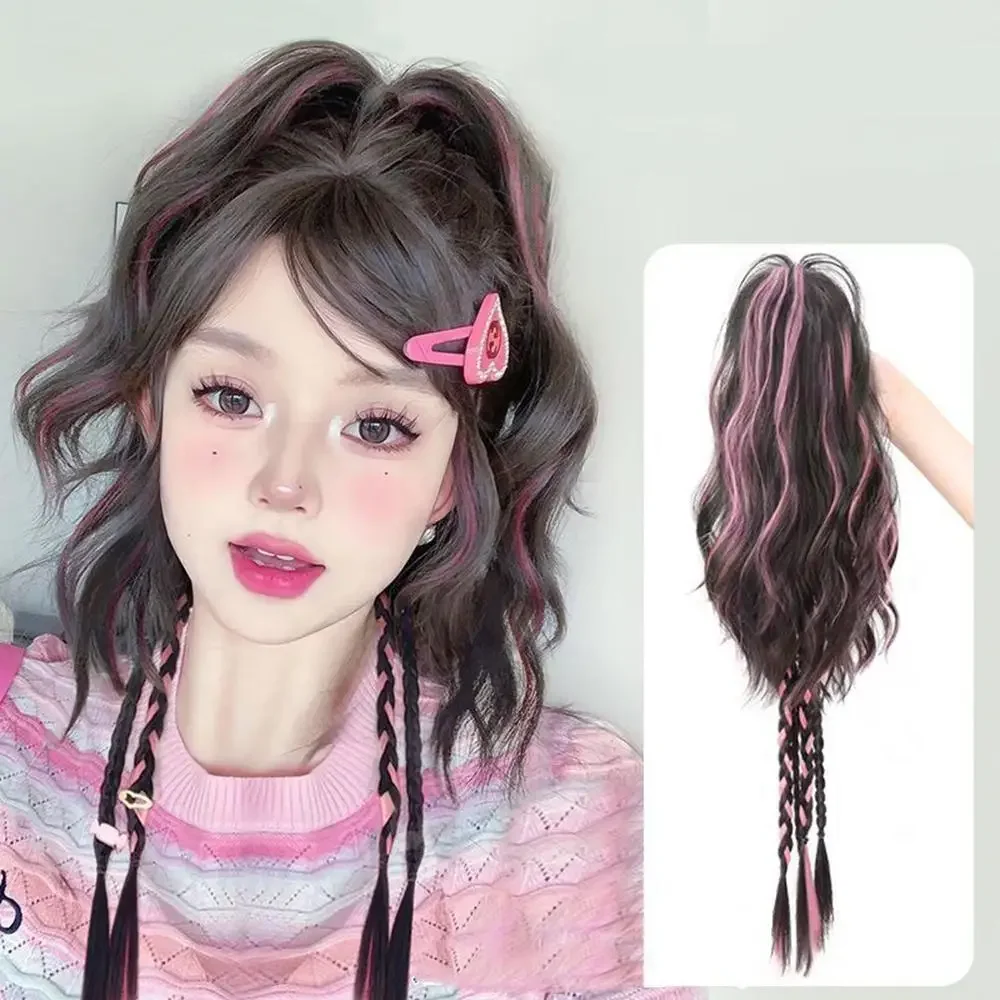 45cm y2k peruca de rabo de cavalo sintético rosa azul destacado alta simulação de rabo de cavalo cabelo meio amarrado cabelo encaracolado na moda quente menina penteado