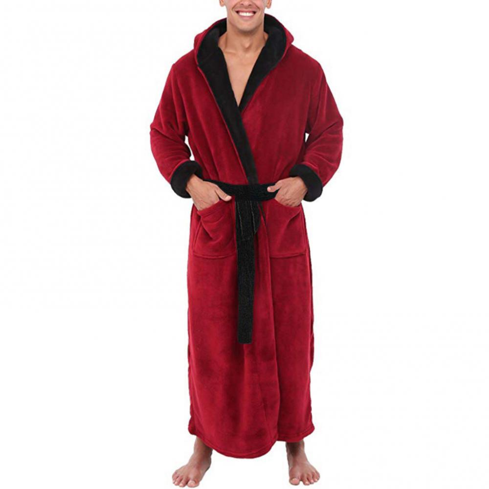 ขนแกะปะการังผู้ชาย Robe Soft Flannel ยาว Robe สายรัดเอวชุดกิโมโนฤดูหนาว Nightdress Robe ชุดนอนผู้ชายชุดชั้นใน
