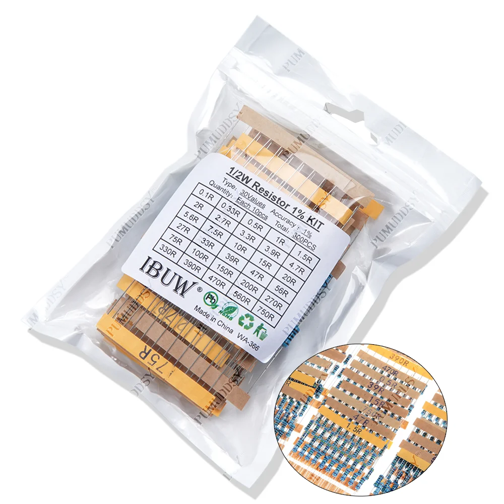 300 Pçs/set 30 Tipos 1/4W 1/2W 1W 2W 3W Resistência 1% Pacote de Resistor de Filme de Metal Kit Sortido 0.1R-750R 1K-820K Resistor 150 Pçs/set