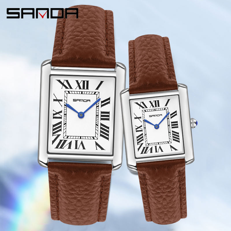 Relógio quartzo impermeável para homens e mulheres, relógio casual Sanda Couple, pulseira de couro, mostrador quadrado Design, resistente ao desgaste, moda, 2024