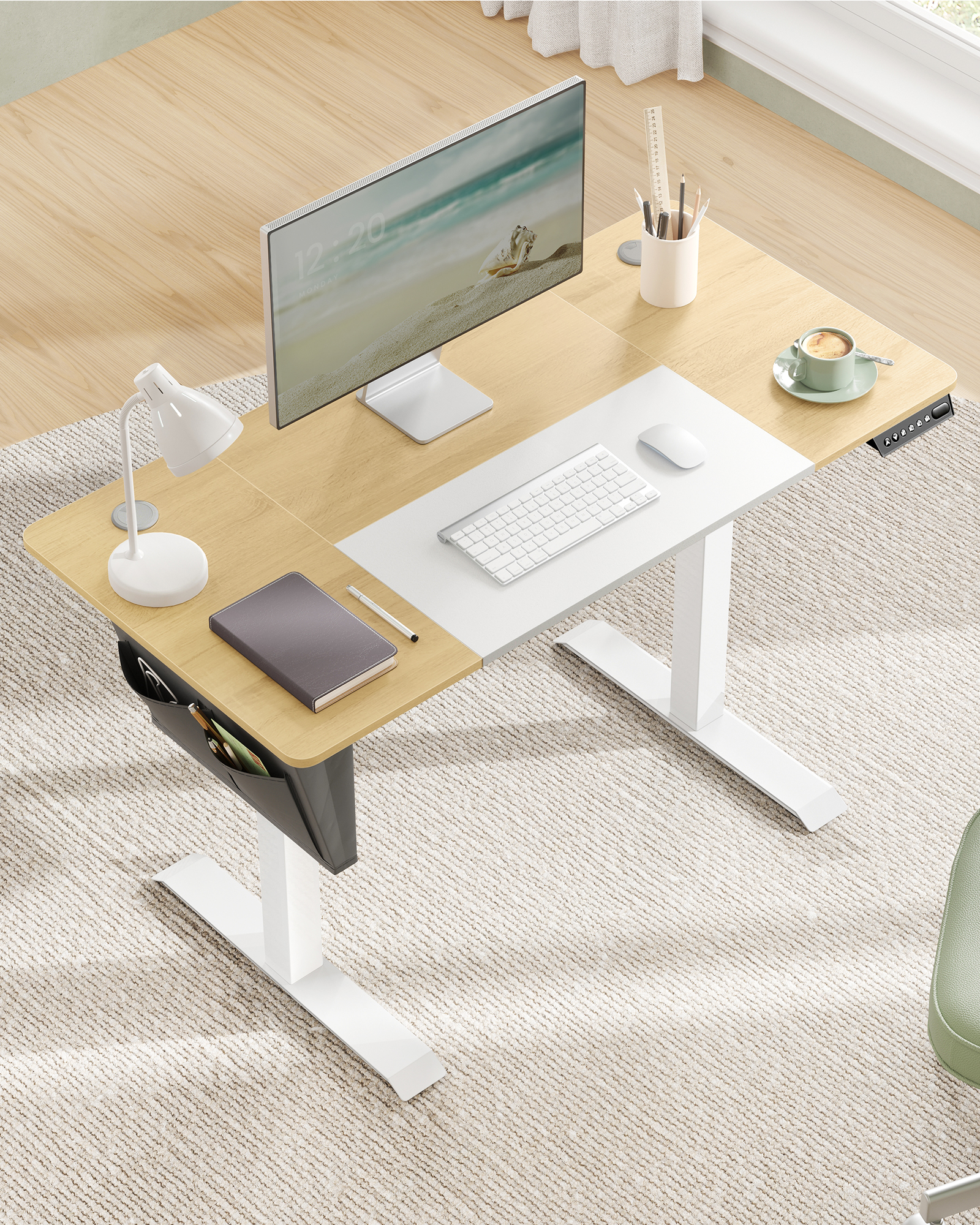 SONGMICS Höhenverstellbarer Schreibtisch elektrisch, 120/140/160 cm, mit Stoff- Organizer