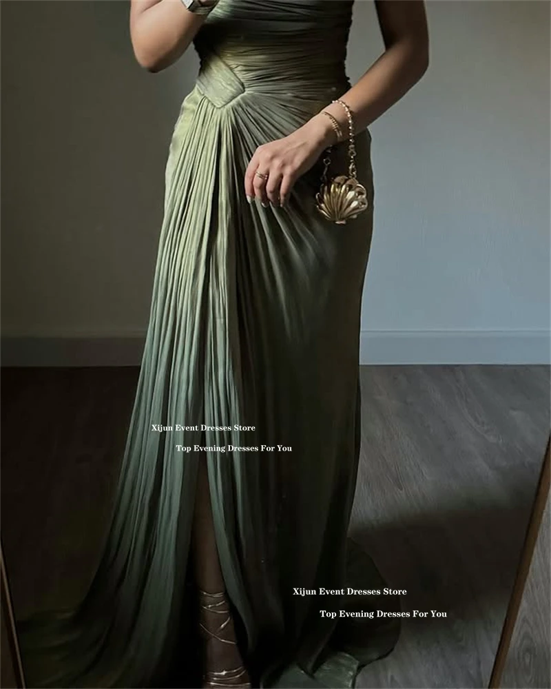 Xijun Elegant สีเขียวชุดราตรียาวแขนกุดจีบ A-Line ชุดราตรีผ้าไหมซาตินอย่างเป็นทางการโอกาสพรหมชุดที่กําหนดเอง