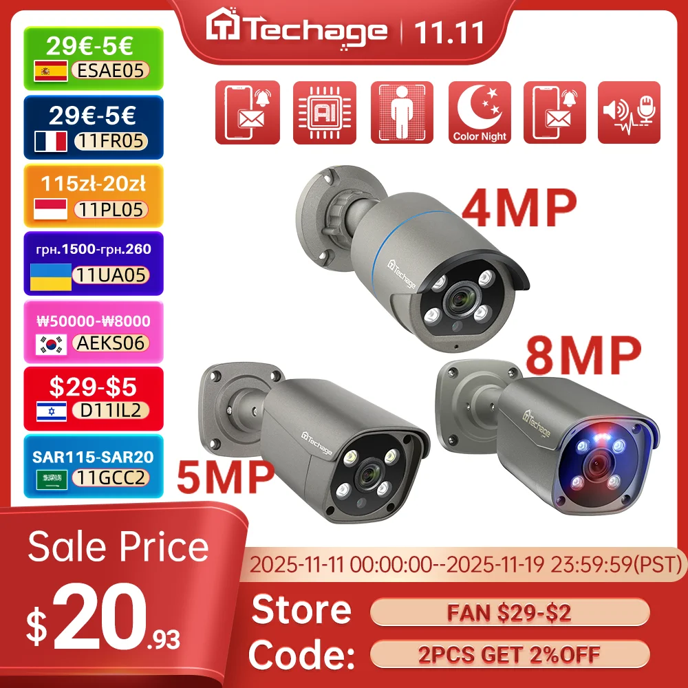 Techage 4MP 5MP 4K Security Metal POE IP Camera H.265 Outdoor Two Way Audio Video Surveillance AI IP Camera for NVR System