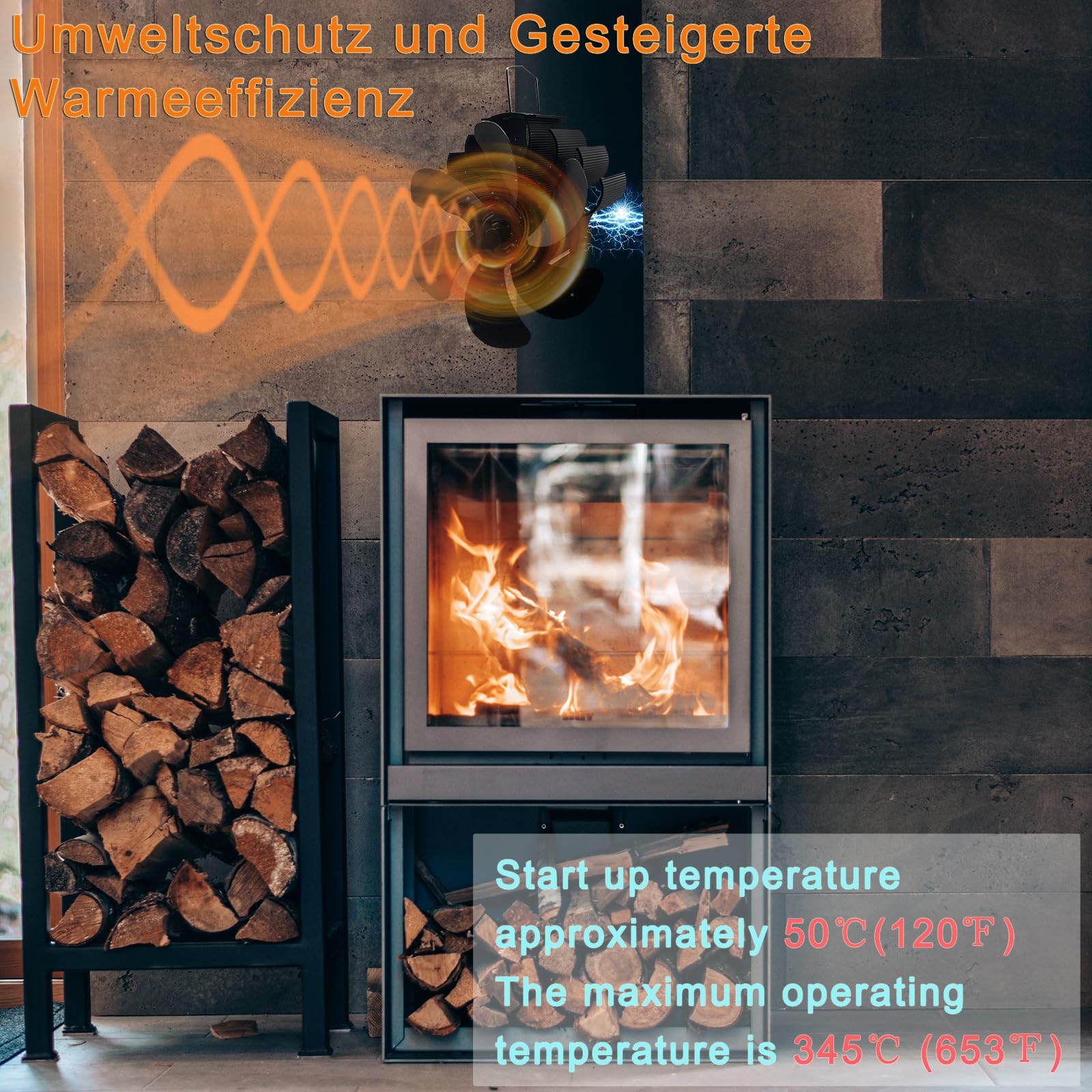 Magnetischer Holzbrennerventilator, Ofenventilator, verstellbarer Clip, wärmebetriebener Kaminventilator, leiser Kaminventilator, hängender Rauchrohrventilator aus Holz