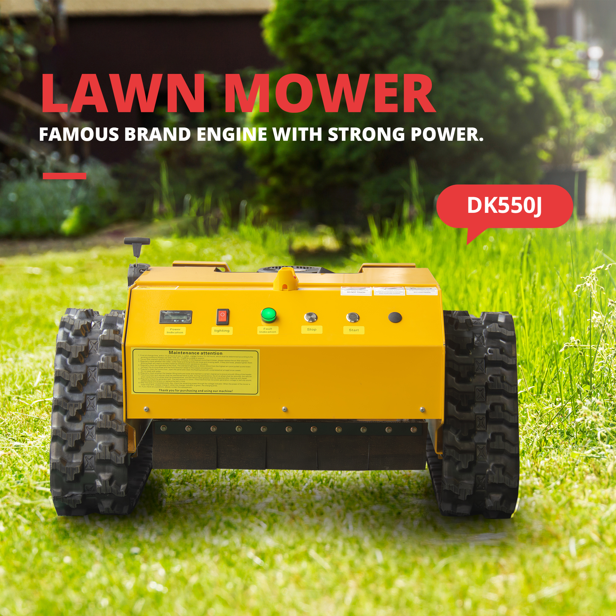 Cortador de grama RC resistente personalizado com velocidade de 5 km/h, motor 224cc, partida remota inteligente e função de parada de emergência