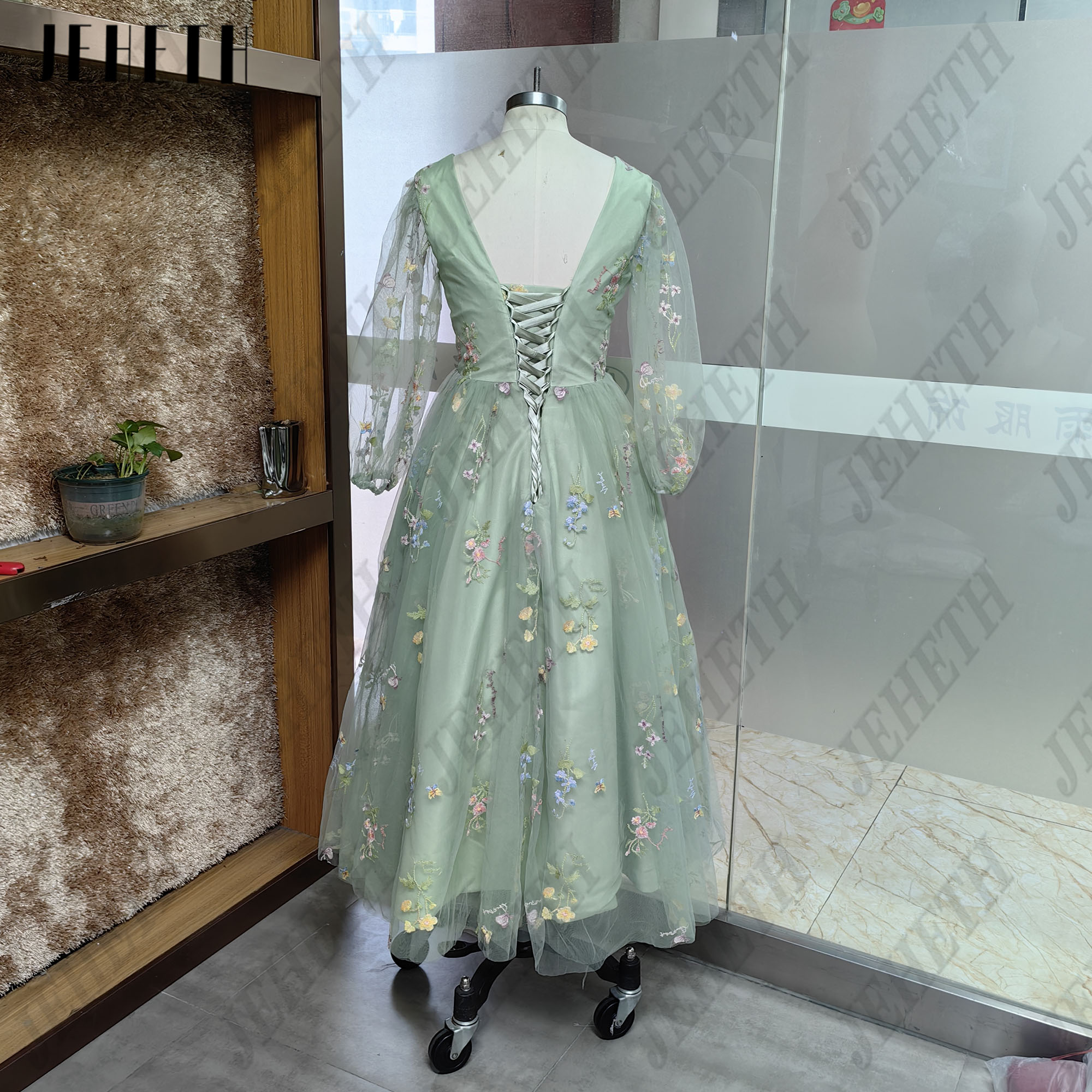 JEHETH Bạc Hà Thêu Ren Dạ Hội Đầm Cổ Chữ V Sâu Gợi Cảm Nửa Tay Phồng Một Đường Ăn Mừng Dạ Hội Tới Mắt Cá