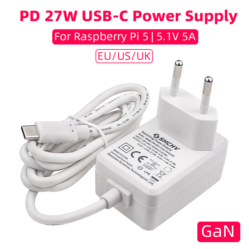 Raspberry Pi 5 5,1 V 5A fuente de alimentación PD 27W USB tipo C GaN cargador EU US UK enchufe adaptador de corriente para Raspberry Pi 5/4B RPI 5