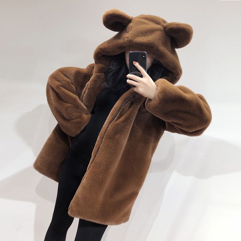 COZY หลวม faux FUR Coat WOMENS faux FUR fuzzy hooded fluffy ears surcoat Overcoat ผู้หญิงฤดูหนาว WARM outerwear Snowy Day Wrap