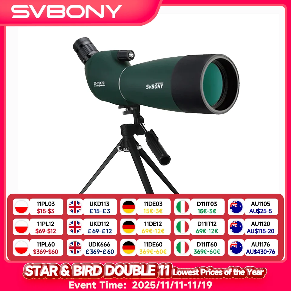 Svbony sv28 luneta 50/60/70/80mm zoom poderoso com tripé à prova d'água, equipamento de acampamento, tiro ao alvo, observação de pássaros