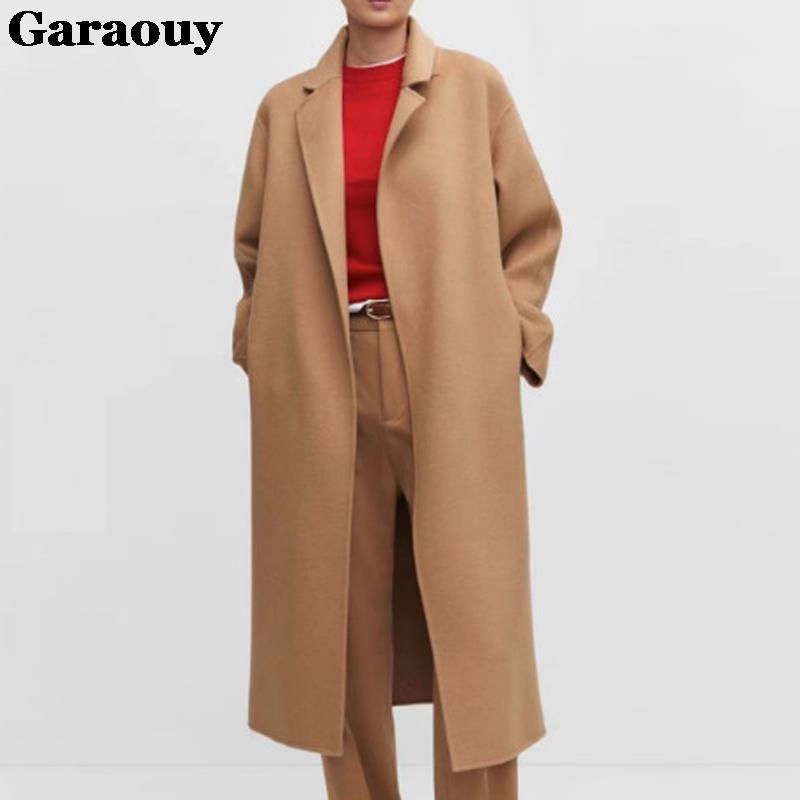 Garaouy Otoño Invierno mujer solapa básica cinturón sólido abrigo de lana mujer Casual prendas de vestir para ir al trabajo chaqueta suelta de longitud media abrigo