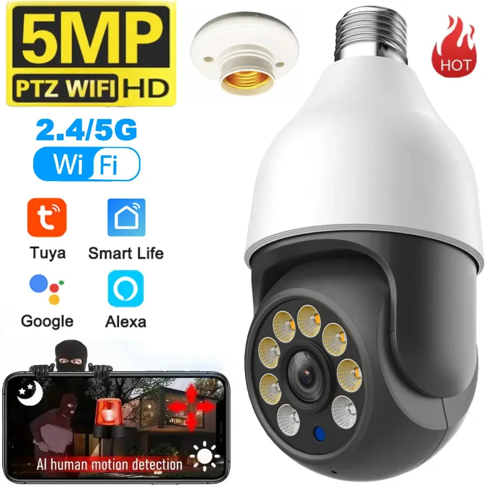 Cámara de vigilancia con bombilla de 5MP y 5G, videocámara E27, WiFi, TUYA Smart Life, PTZ, IP, CCTV, visión nocturna al aire libre, 3MP, seguridad, TUYA