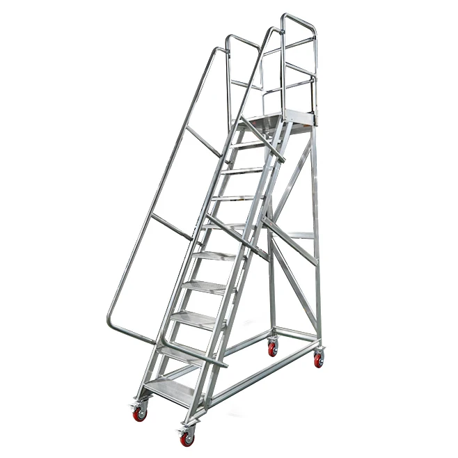 Plataforma móvil de aluminio Pasos Escalera Pasamanos Ruedas de cuatro ruedas Personalizable Almacén Seguridad Rodante Plataforma móvil OEM