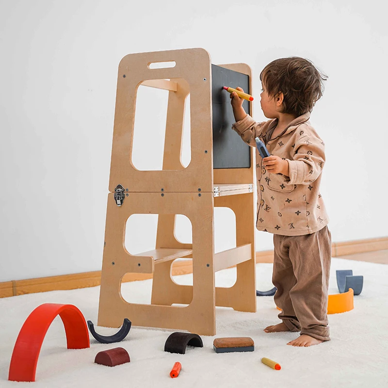 XIHATOY เด็กห้องครัวสตูลเด็กเก้าอี้สูงเด็กวัยหัดเดินไม้พับ Learning Tower พร้อมกระดานดํา