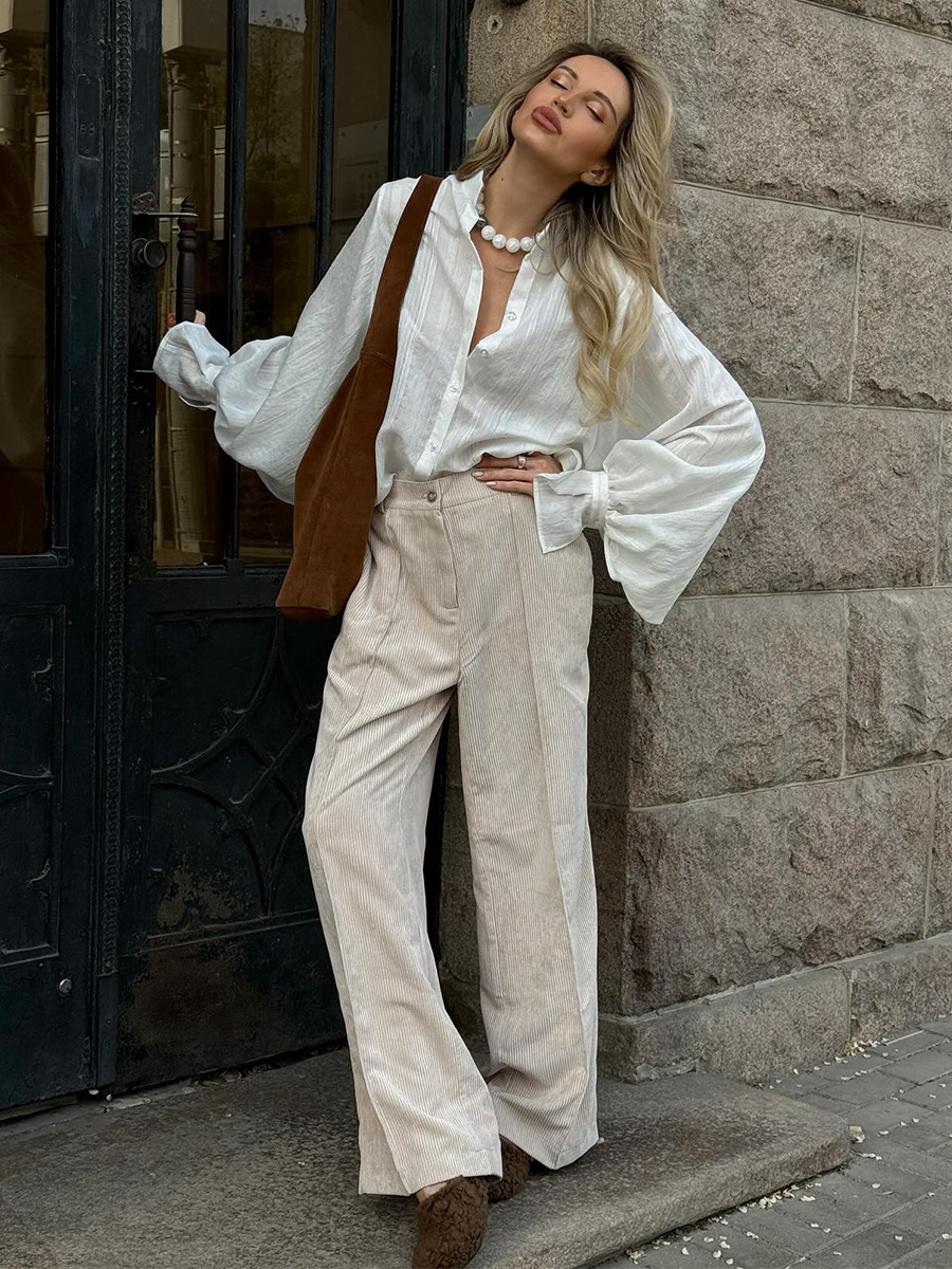 Bornladies Baumwolle Damen Neue Retro-Hose mit weitem Bein, lockere Passform, Cord, hohe Taille, trendige Herbst-Winter-Modehose