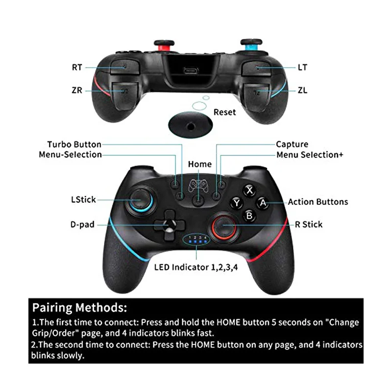 Controlador sem fio compatível-Nintendo Switch Turbo ajustável com gamepad de vibração de 6 eixos para console PC/NS Lite