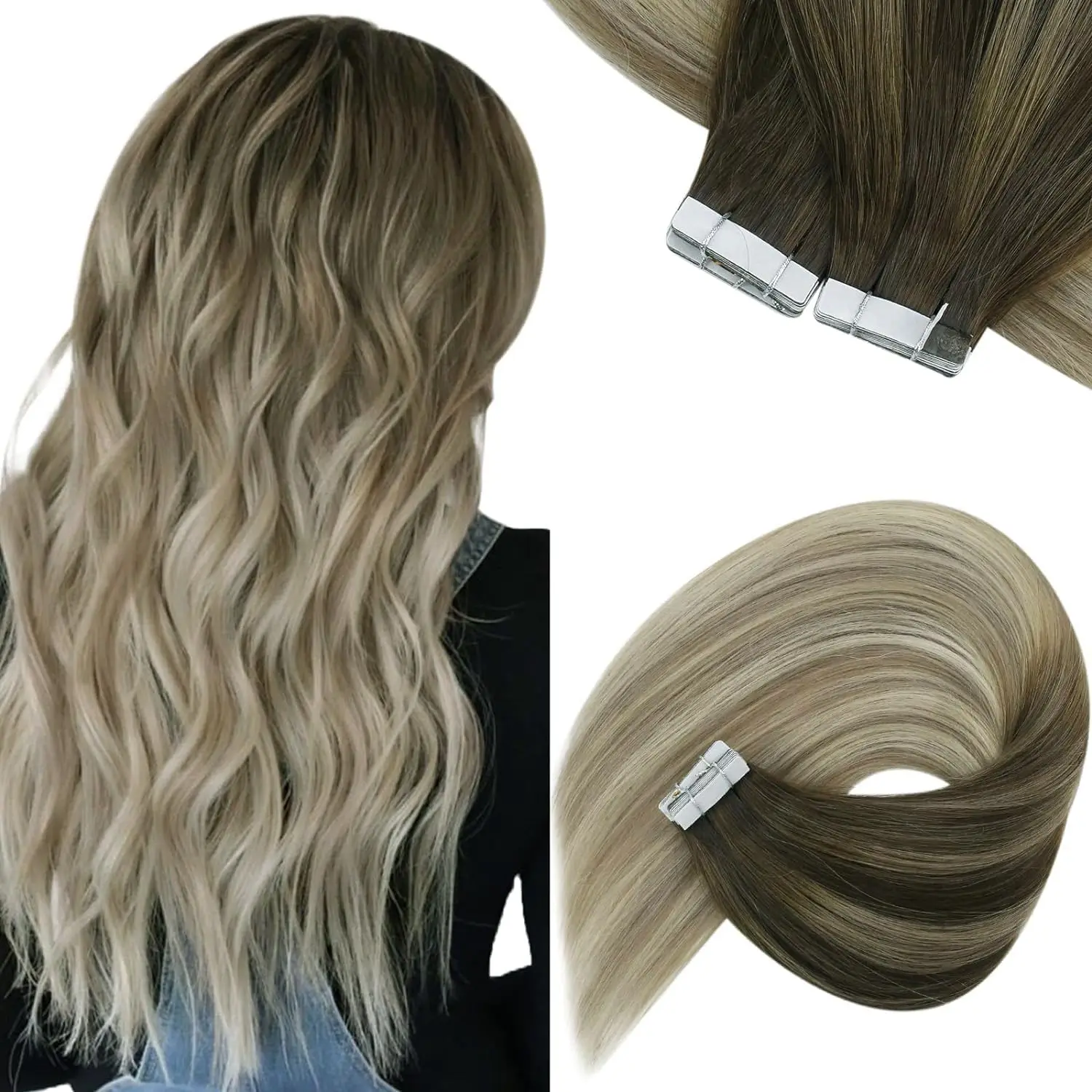 [NUEVO] Cinta VeSunny en extensiones de cabello Cabello humano Color de balayage de cabello natural real # 4-14-60 Trama de piel Cabello liso sin costuras