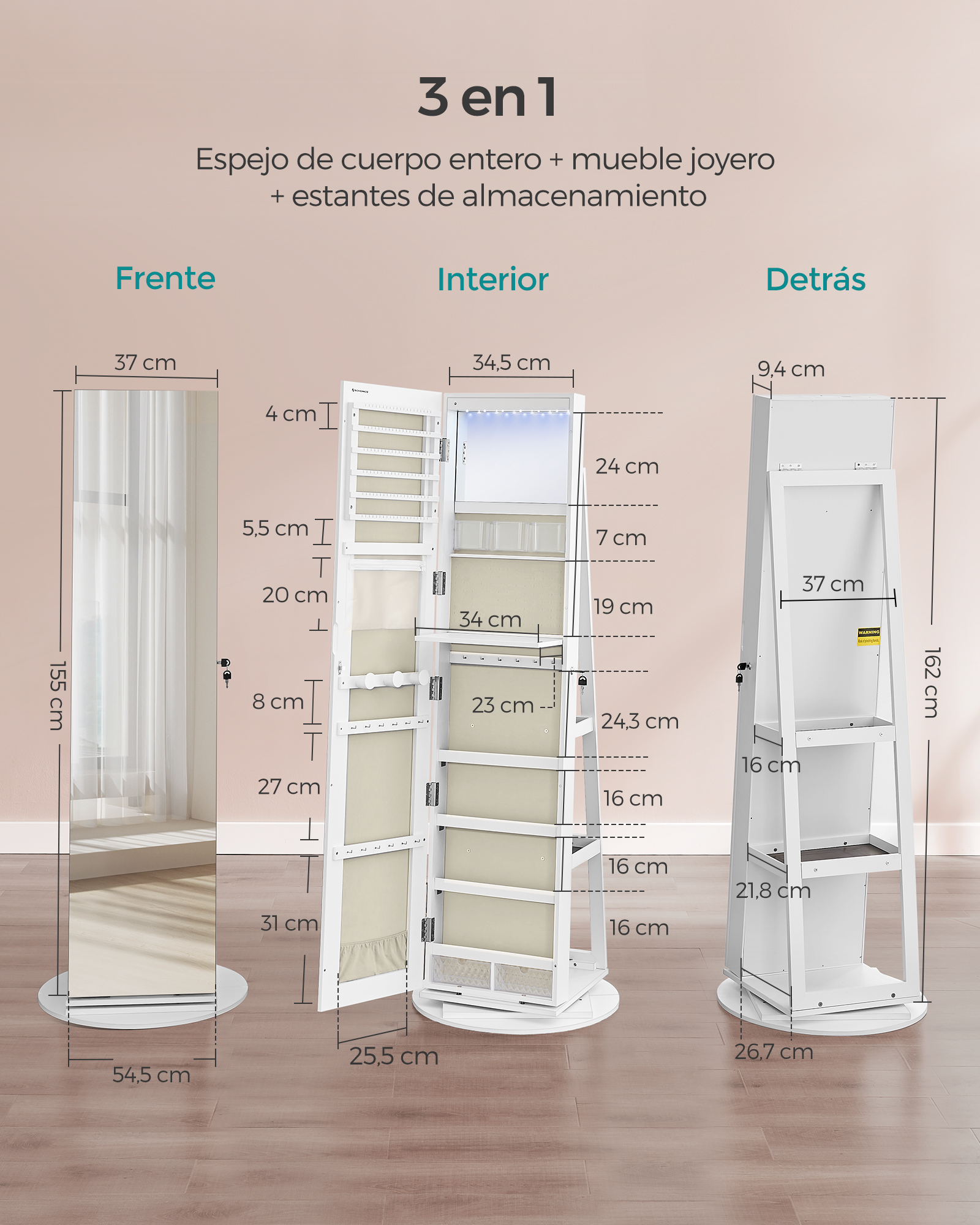 SONGMICS 6 LEDs Mirror Jewelry Cabinet, 360° Swivel Organizer, Lockable Free-Standing Full-Length Mirror with Storage