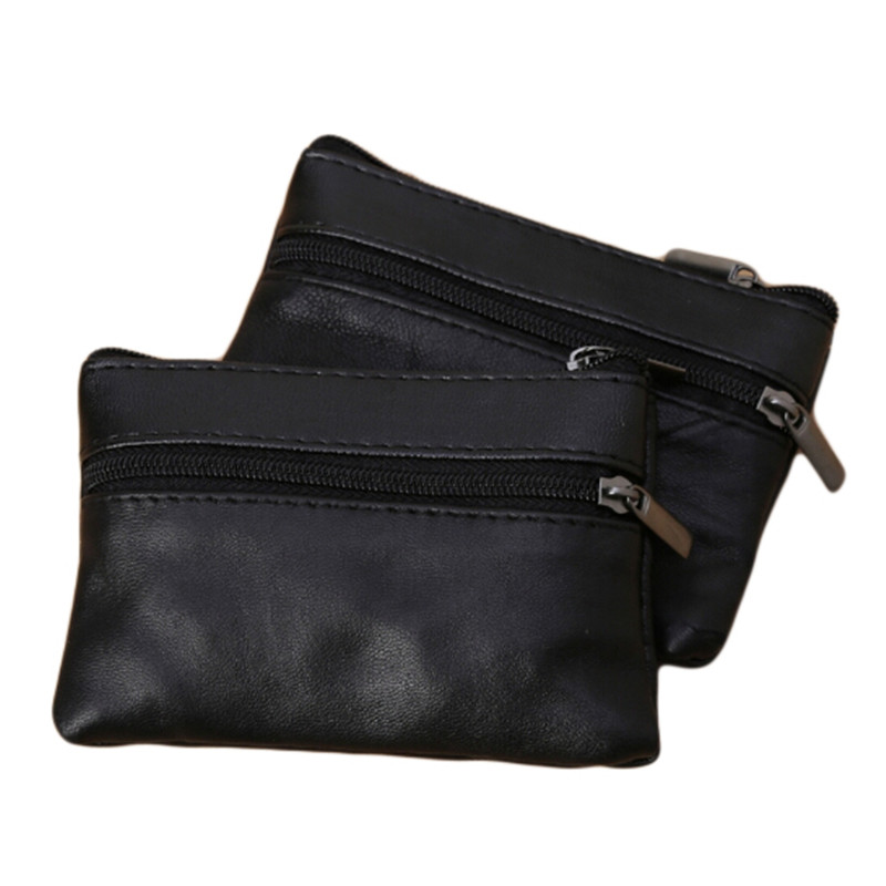 Monedero de cuero negro adecuado para hombres y mujeres, Mini carteras con cremallera, monederos pequeños femeninos, tarjeteros casuales, llaveros