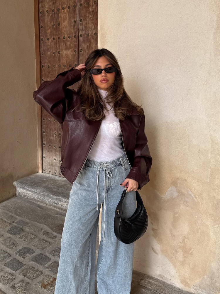 女性用単色PUレザージャケット,長袖,ジッパー付きショートコート,ストリートファッション,秋,2024