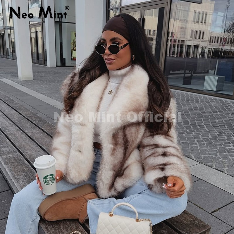 Neo mint 2025 inverno exclusivo listrado jaqueta de pele do falso casaco feminino marca blogger moda fofo gola de pele de raposa casaco outerwear