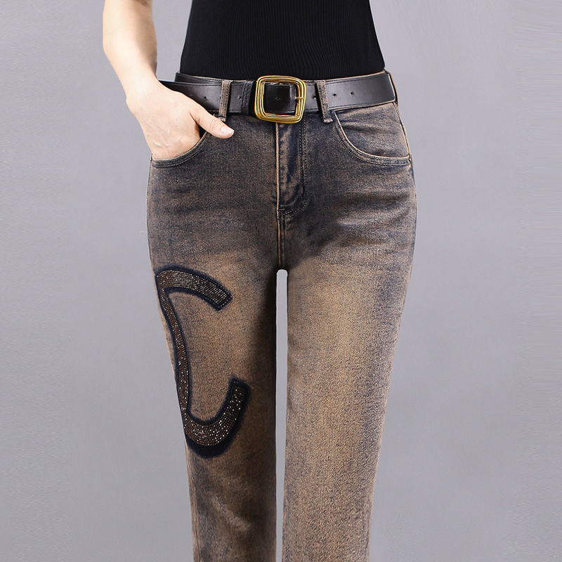 Jeans fino de cintura alta feminino, calça jeans estampa estética, calça jeans lavada vintage, streetwear