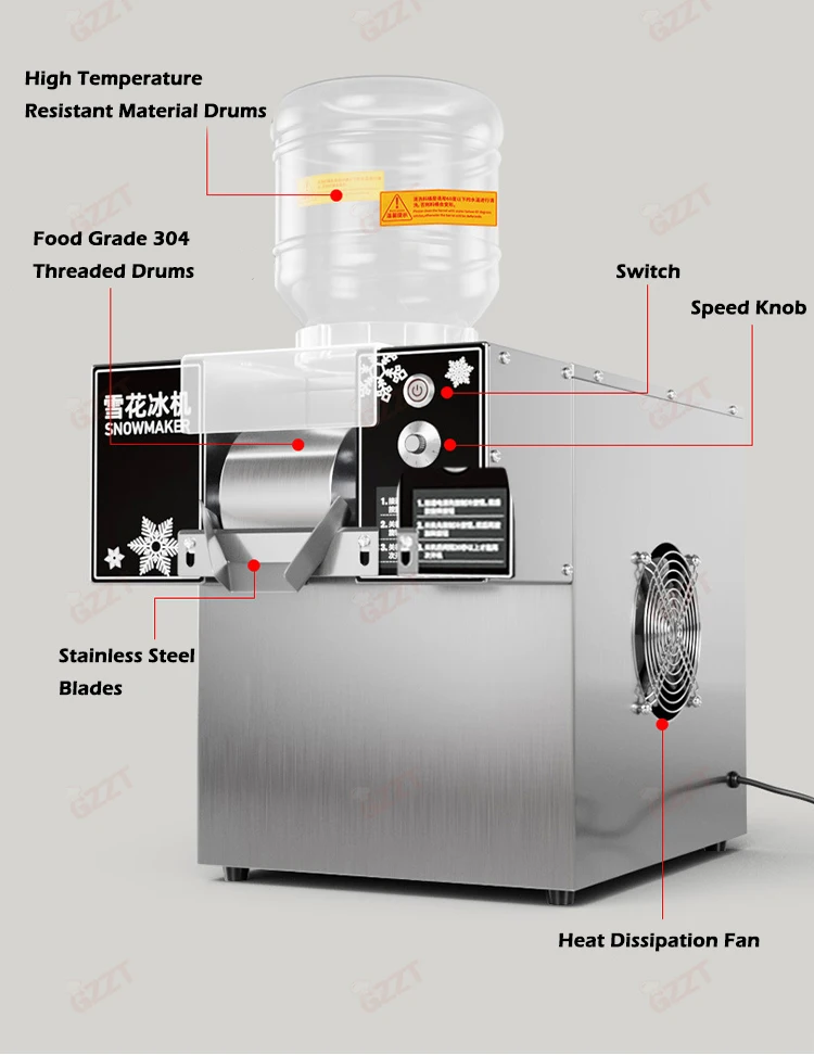 GZZT 60KG/24H Air-cooled Korean Snowflake Ice Machine Small Snow Continuous Cooled Milk Mango Bingsu Shaver Smoothie Crusher