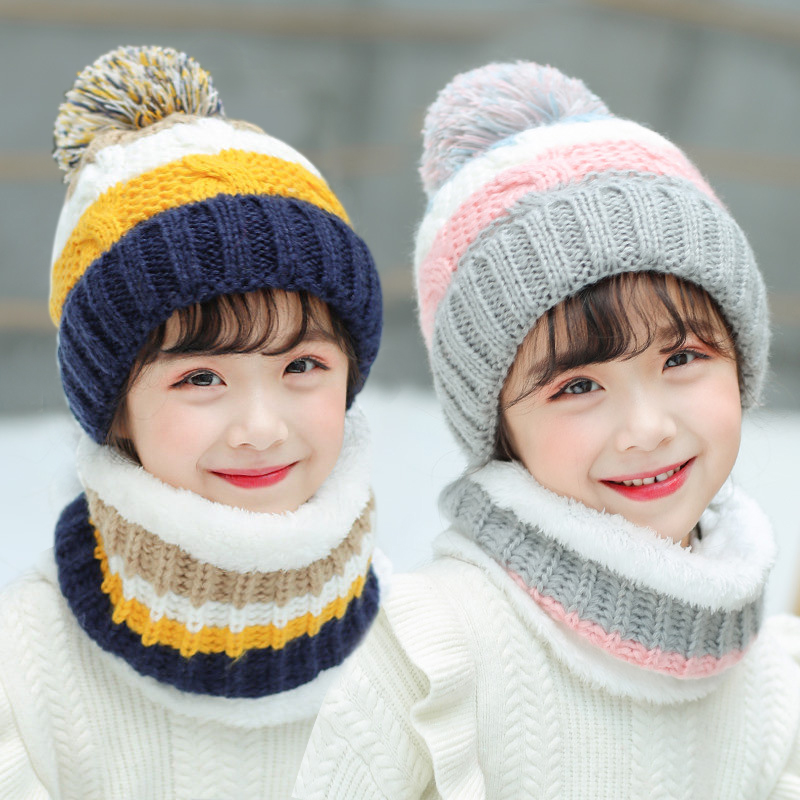 เด็กฤดูหนาวน่ารักหวาน Plus กํามะหยี่หนาถักหมวกขนสัตว์สาวเกาหลีรุ่นผ้าพันคออบอุ่นเด็กหมวกป้องกันความเสี่ยง