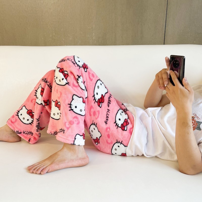 Sanrio Hello Kitty piżama czarna Anime flanelowa damska ciepła wełniana Whitecartoon Casual spodnie domowe jesienne modne spodnie prezenty
