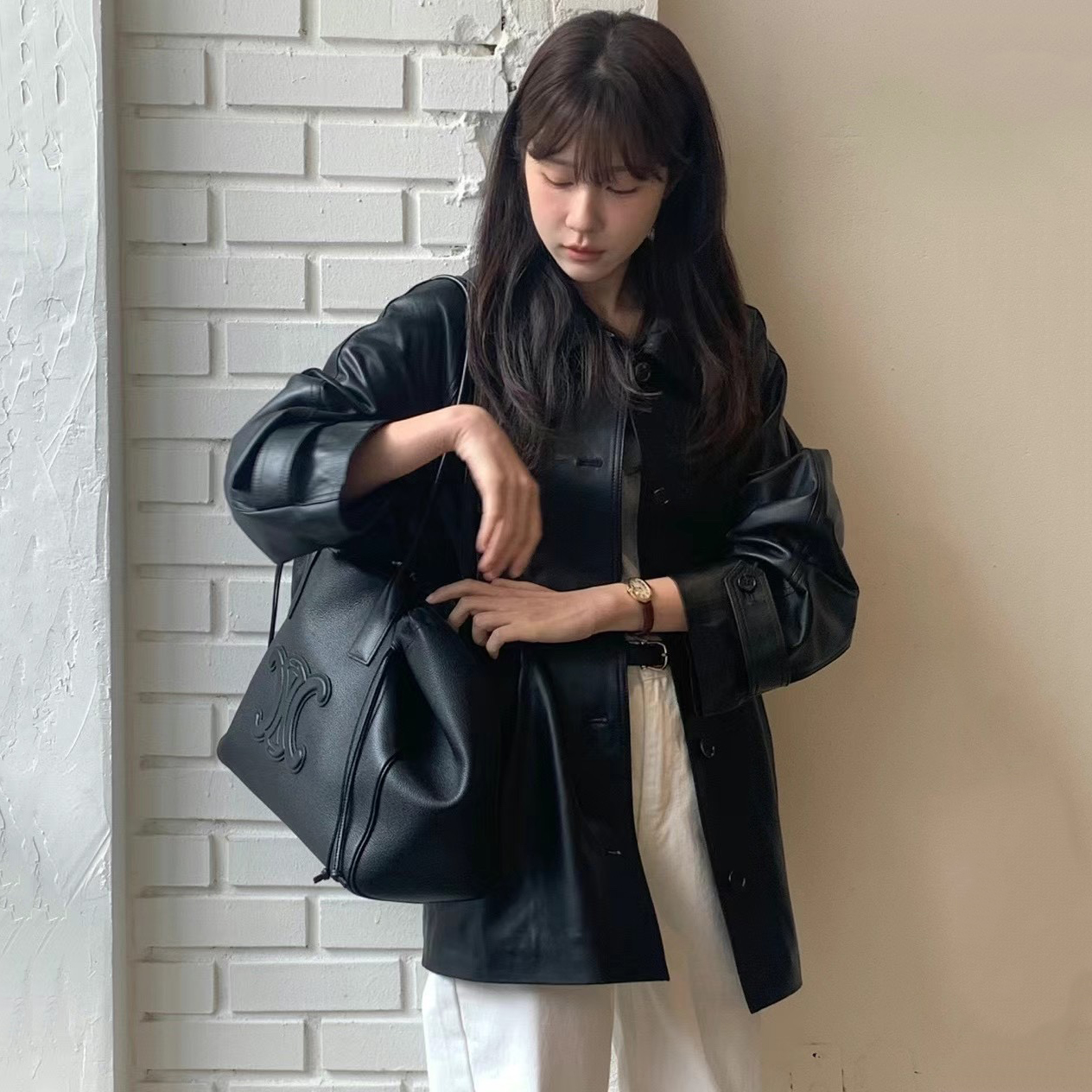 Jaqueta Fena de Couro PU Preta Solta, Moda Primavera Outono, Estilo Retrô Urbano, Casaco de Manga Crida Casual