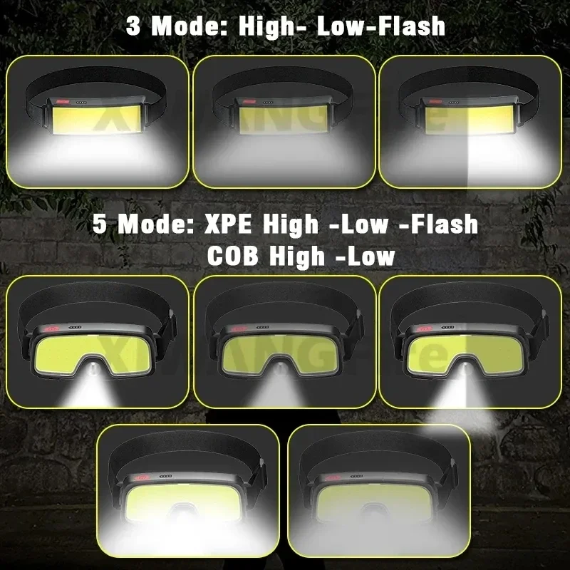 Potente linterna frontal LED COB tipo c, linterna frontal recargable con batería integrada, linterna para acampar y pescar al aire libre, antorcha impermeable