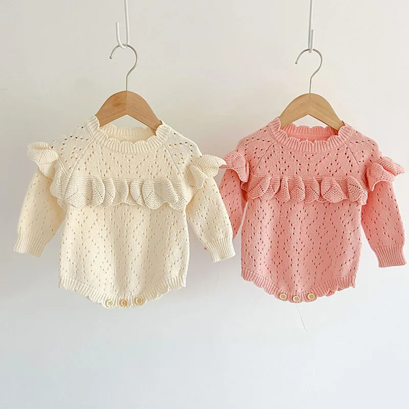 Monos de punto para niñas recién nacidas, mono de manga larga ahuecado de Color sólido para otoño y primavera