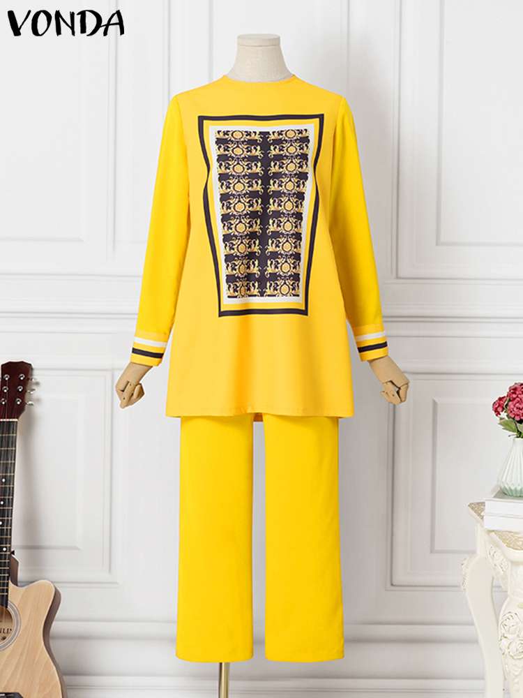 Vonda-女性用の長袖トップとパンツセット,ヴィンテージスタイル,ボヘミアンスタイル,ルーズフィット,ラージサイズ,5xl,2個