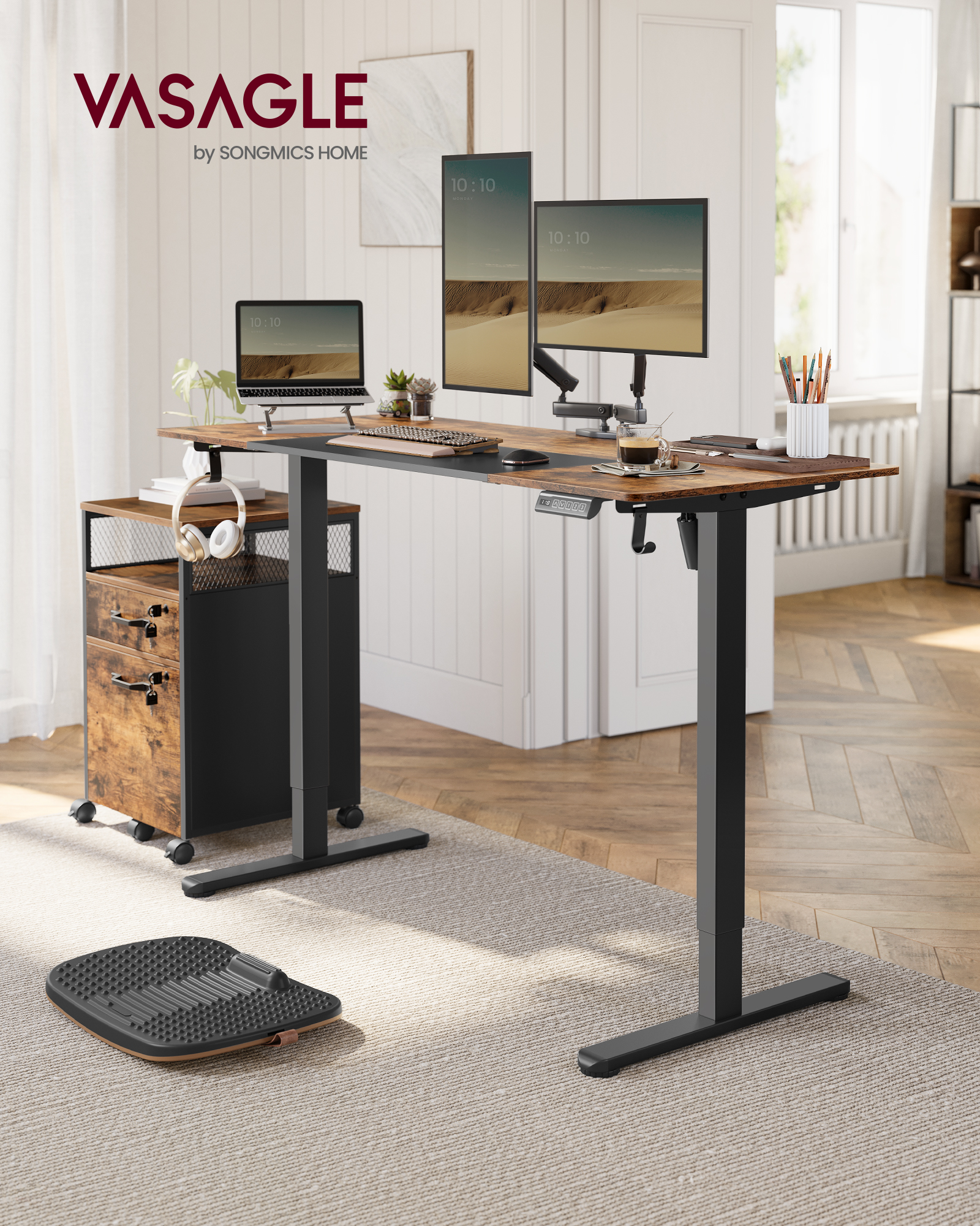 Bureau Électrique Réglable en Hauteur, avec 2 Crochets, Fonction Mémoire 3 Hauteurs, Acier, Noir d'encre